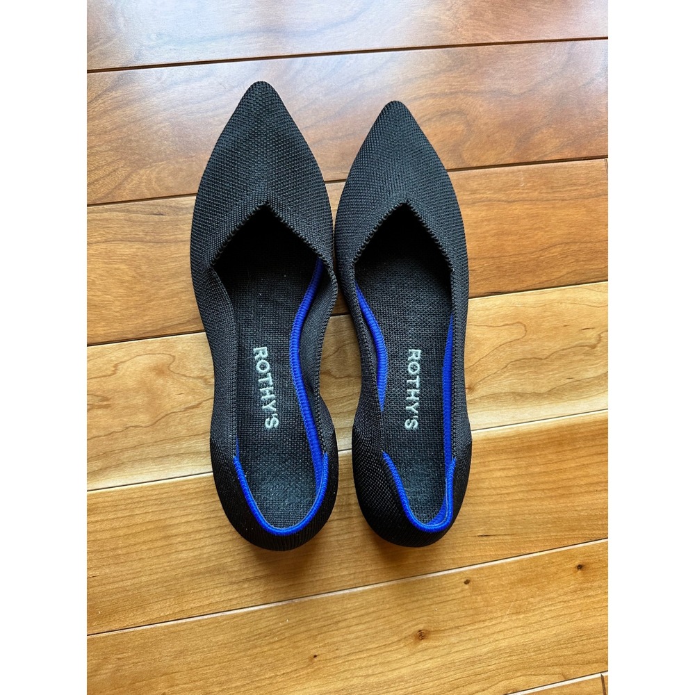 Rothys The Point II Black with Blue trim Pointed Toe Ballet Flats